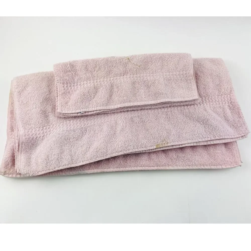 Cannon Bath Body Hand Towel Set Vintage Pink Floral Appliqué Gold Rose USA Flowe